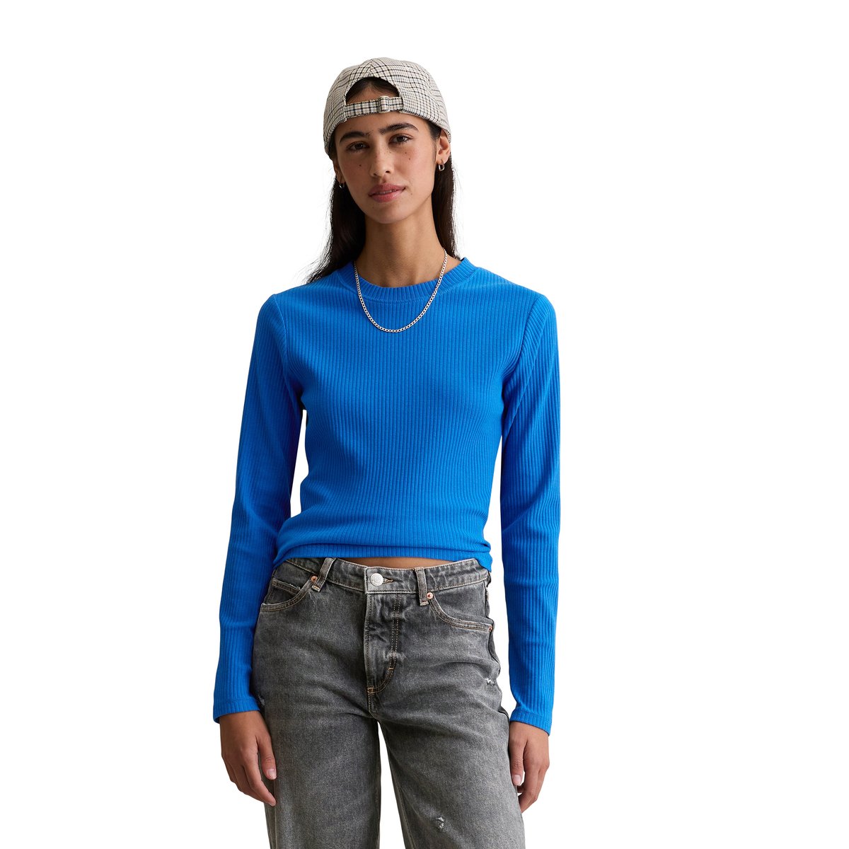 T-shirt long slim en jersey côtelé bleu moyen, MARC O’POLO DENIM