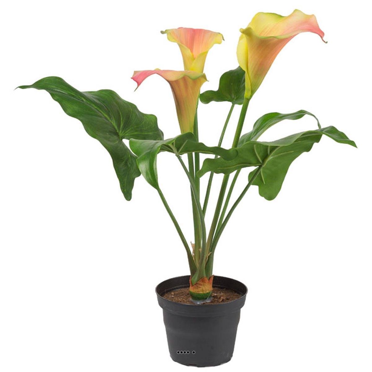 Arum calla artificiel en pot, 3 têtes rose-orange, ARTIFICIELLES