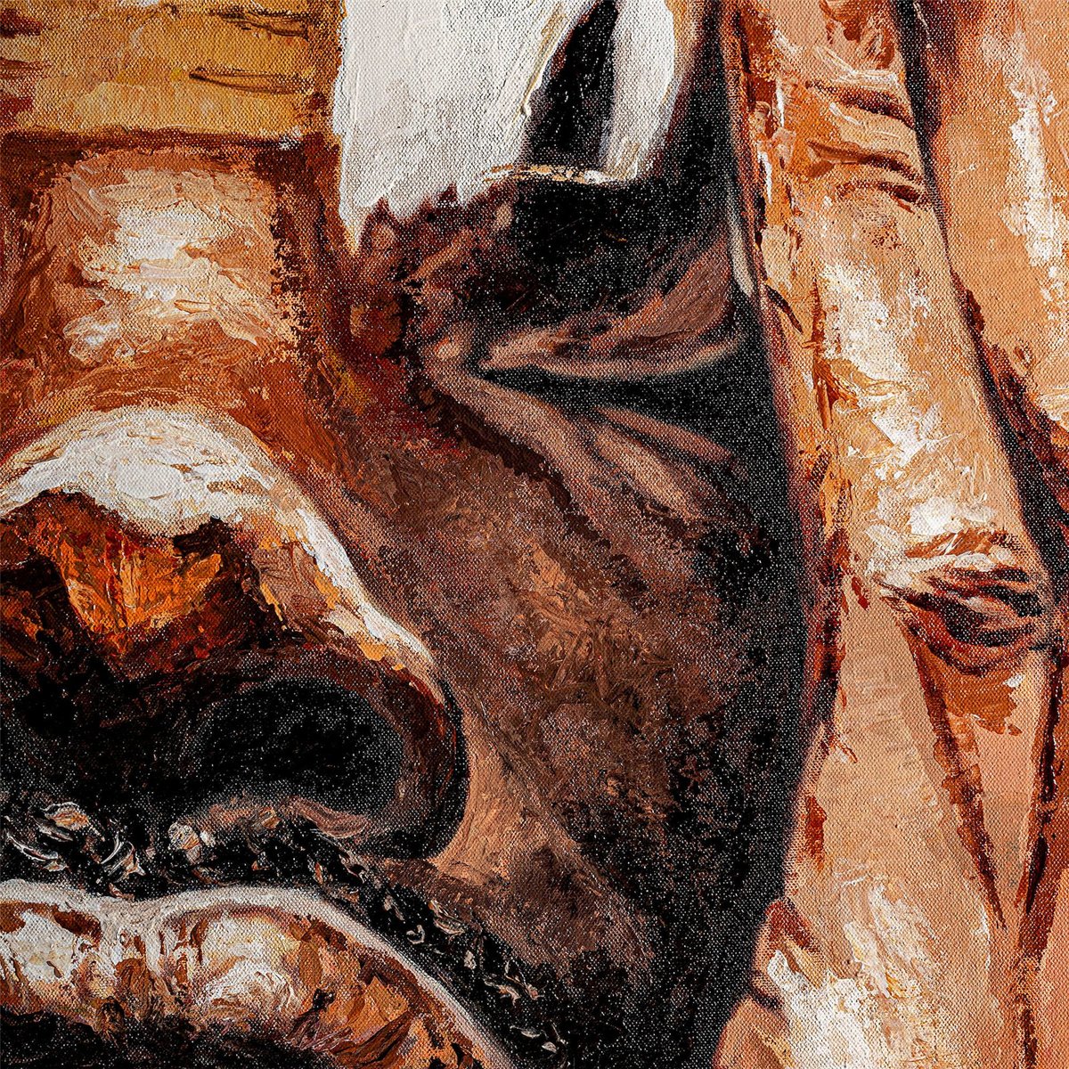 Tableau abstrait contemporain fait main marron naturel effet lin, RECOLLECTION