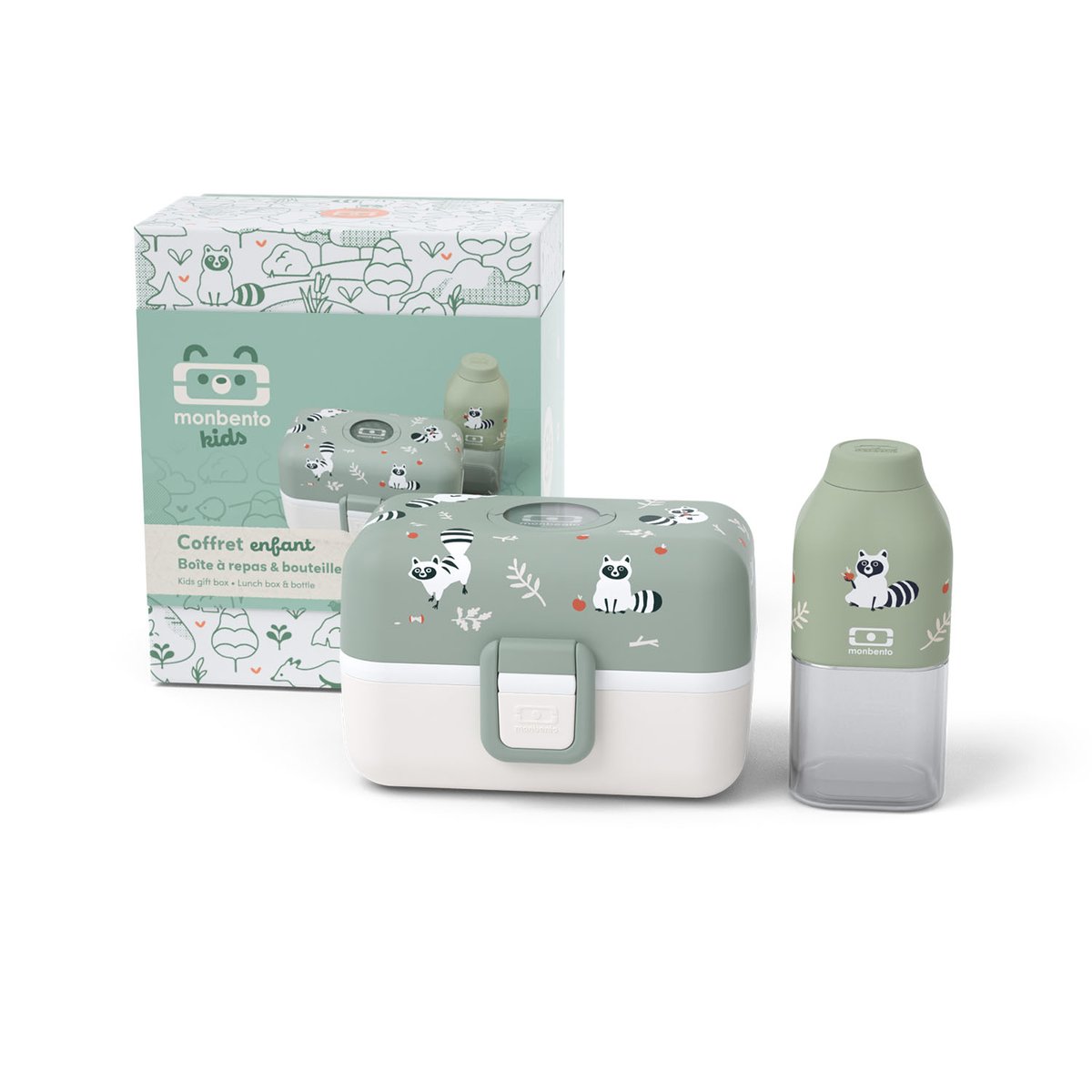 Coffret cadeau enfants lunch box + accessoires vert raccoon, MONBENTO