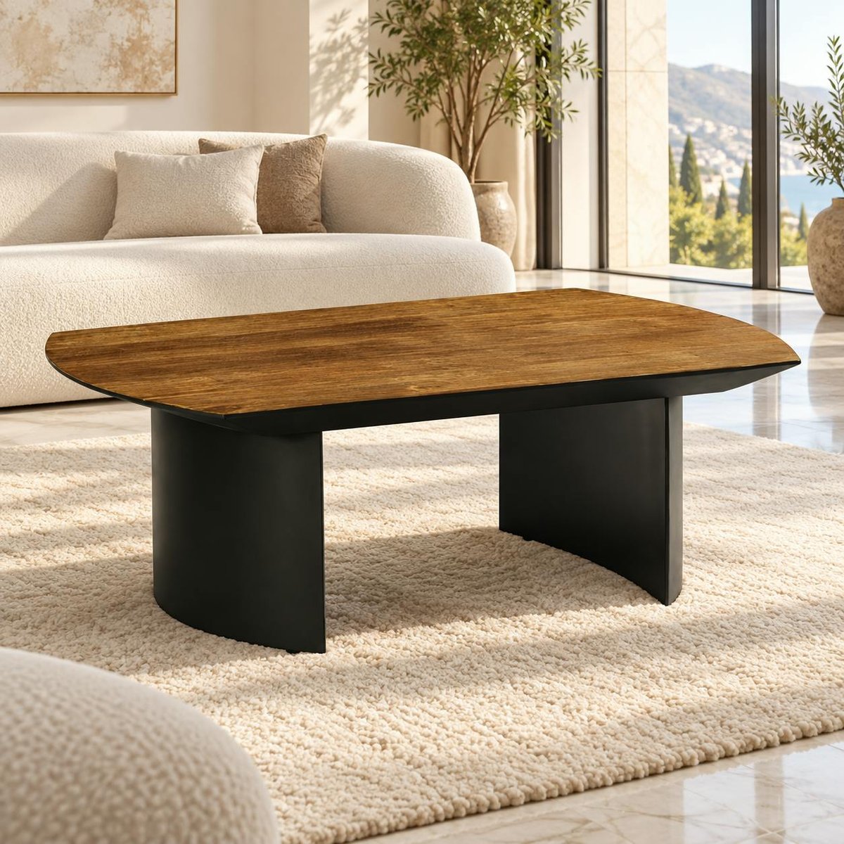 Table basse teck recyclé pieds arrondis noirs TRANI bois naturel, PIER IMPORT