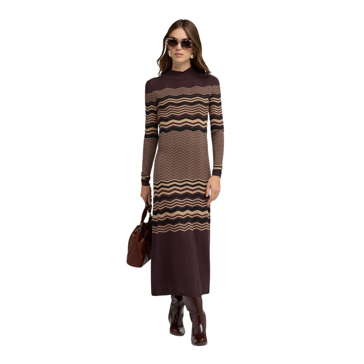 Robe jacquard à motif chevron marron, MOTIVI