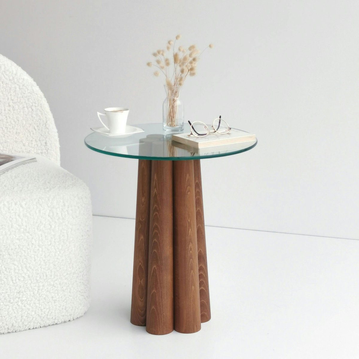 Bout de canapé en verre et bois brun - base sculptée ANZIO bois naturel, PIER IMPORT