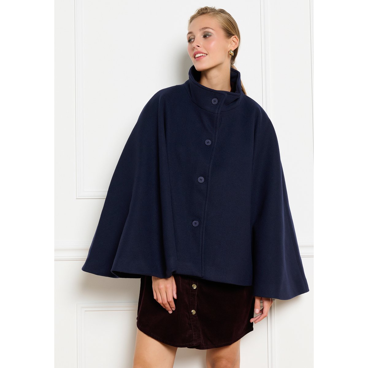 Poncho ceinturé à col montant bleu marine, LOLALIZA