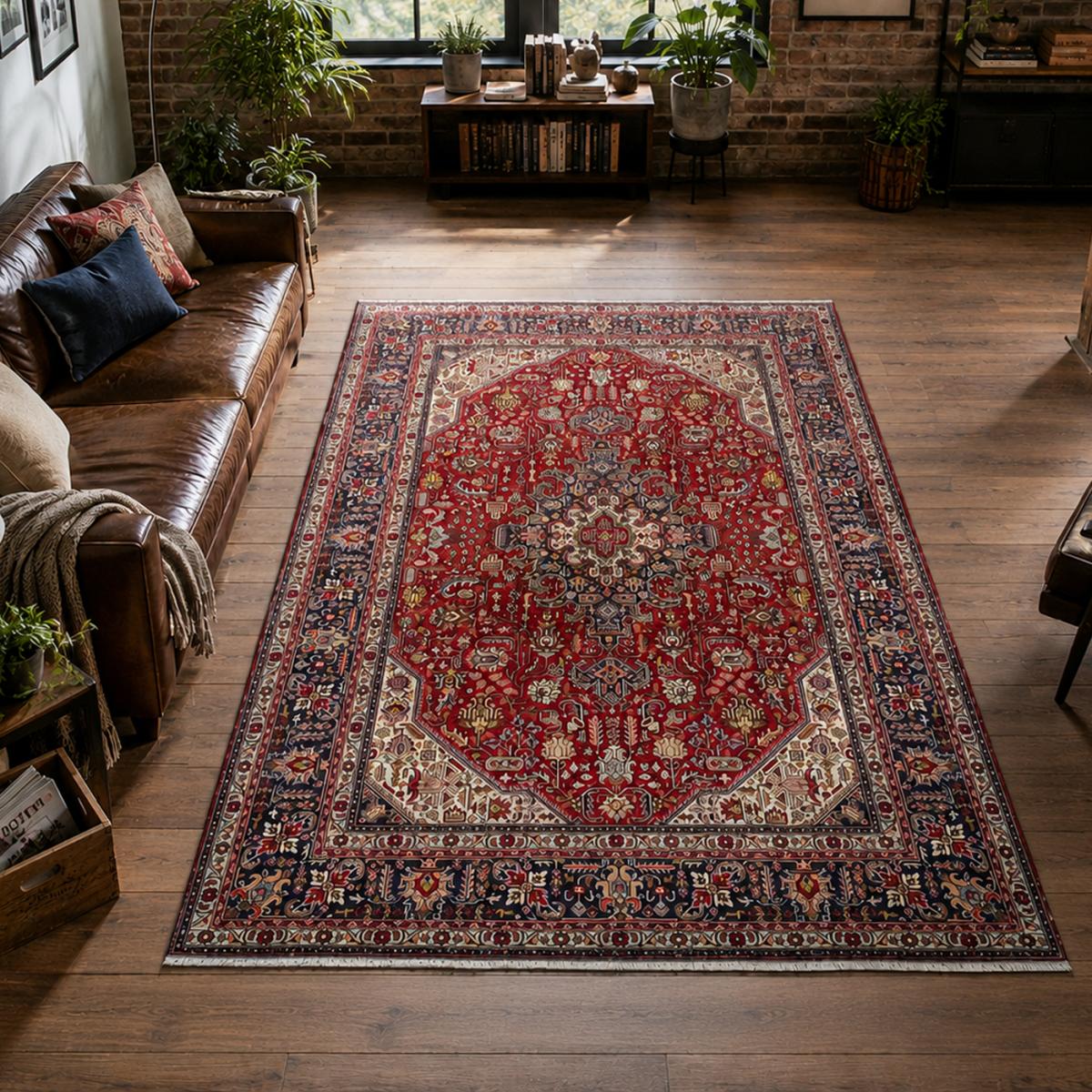 Tapis d'orient oriental, noué main, laine et soie, TABRIZ A rouge, beige, bleu, UN AMOUR DE TAPIS