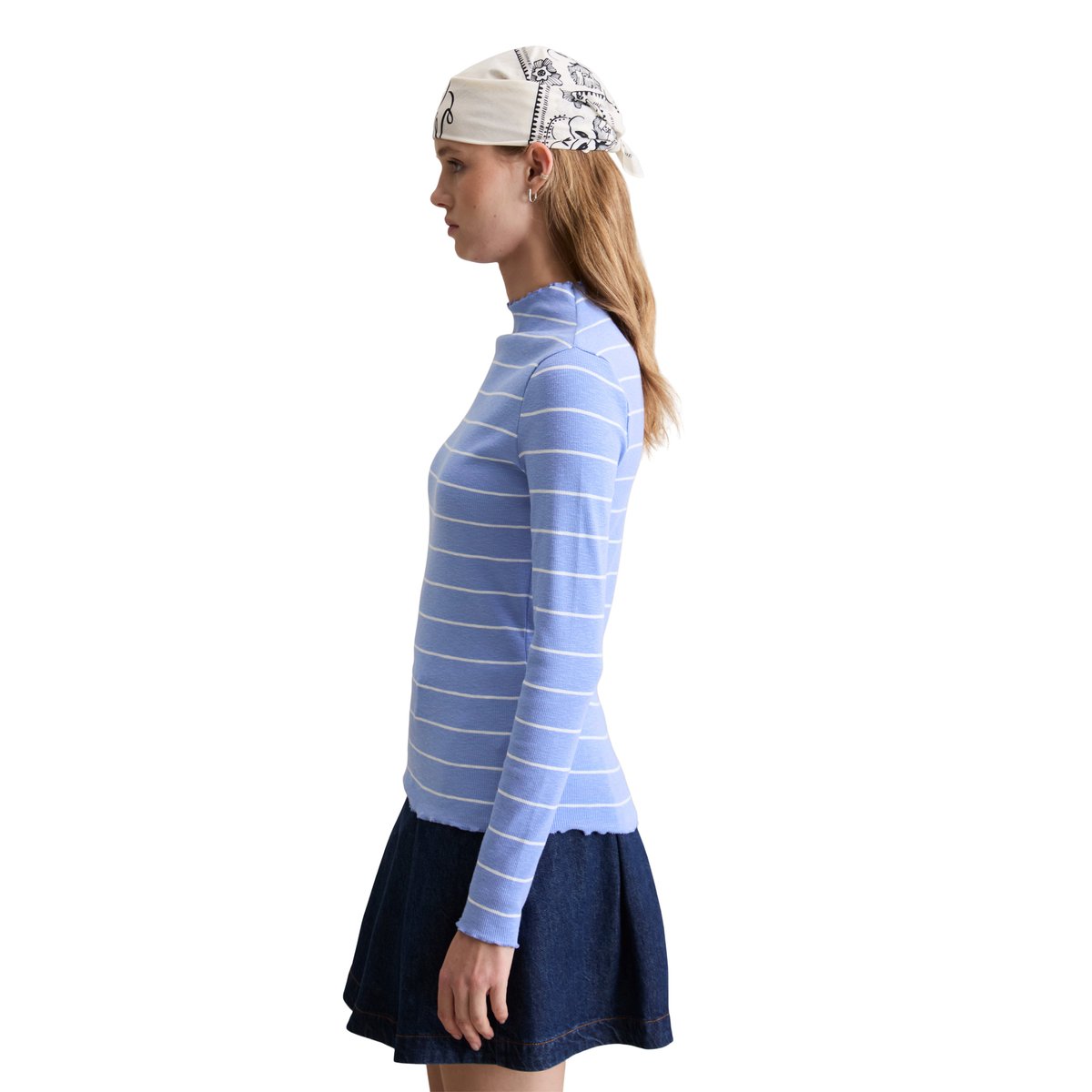 T-shirt long à côtes slim en jersey stretch en coton organique bleu moyen, MARC O’POLO DENIM