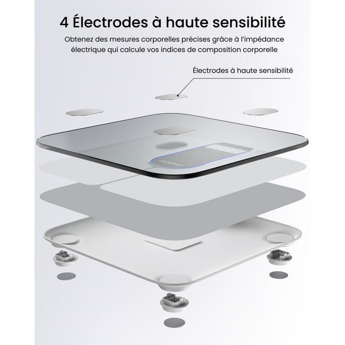 Pèse personne connecté Elis 1C Verre Trempé, Bluetooth, Max. 180 kg, Connecté, 13 Données Corporelles couleur unique, RENPHO