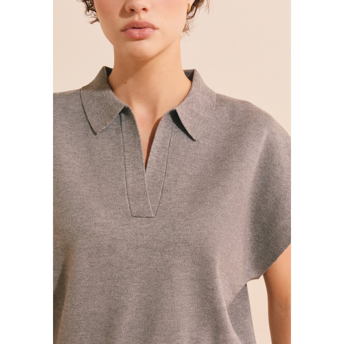 Pull manches courtes avec col polo FEI POLO MC gris clair, ETAM
