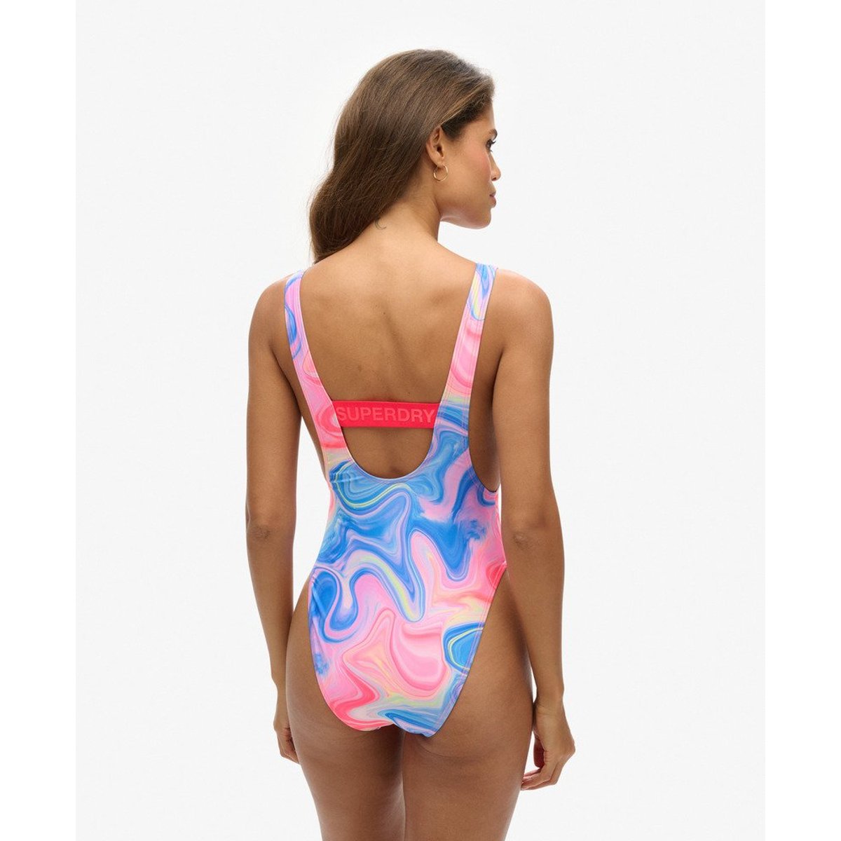 Maillot de bain imprimé à dos échancré marbre multicolore, SUPERDRY