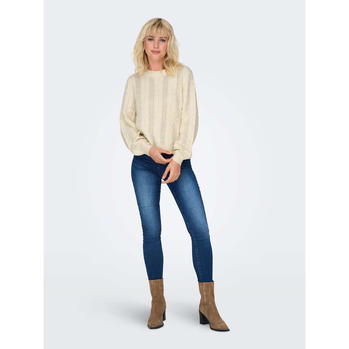 Pull torsadé, col rond blanc cassé, ONLY