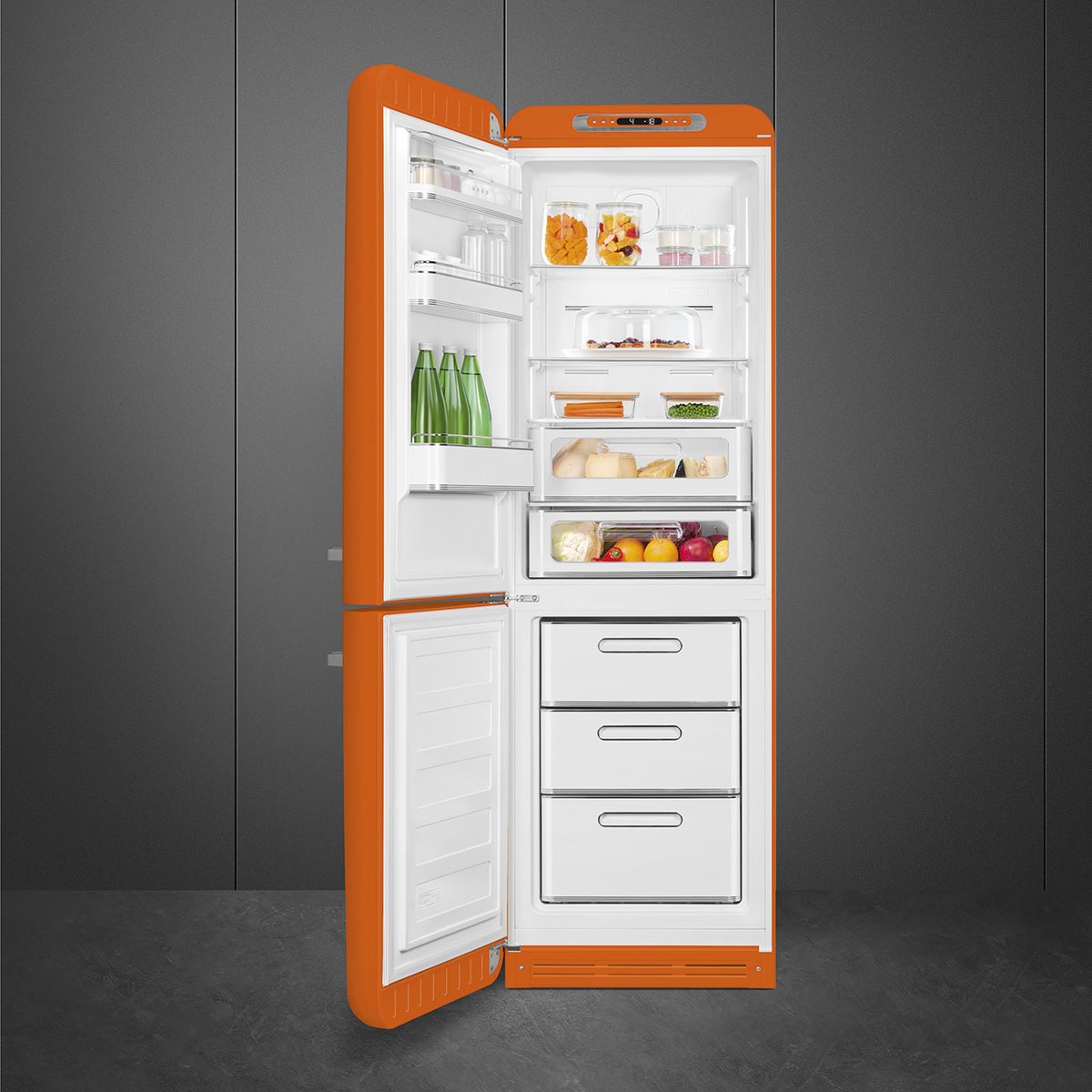 Réfrigérateur 2 portes combiné poignées à droite FAB32 orange brillant, SMEG