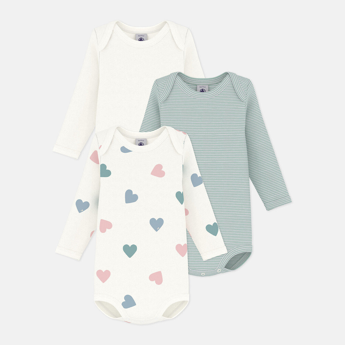 Confezione da 3 body maniche lunghe verde + bianco, PETIT BATEAU
