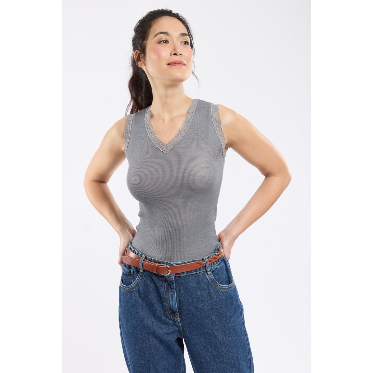 Débardeur col dentelle en laine et soie gris, ARMOR-LUX