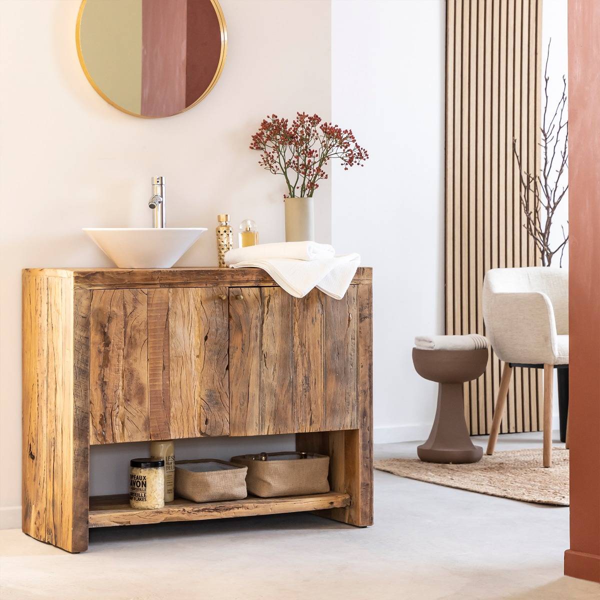 Meuble sous vasque en bois recyclé NAËL bois foncé, MADE IN MEUBLES
