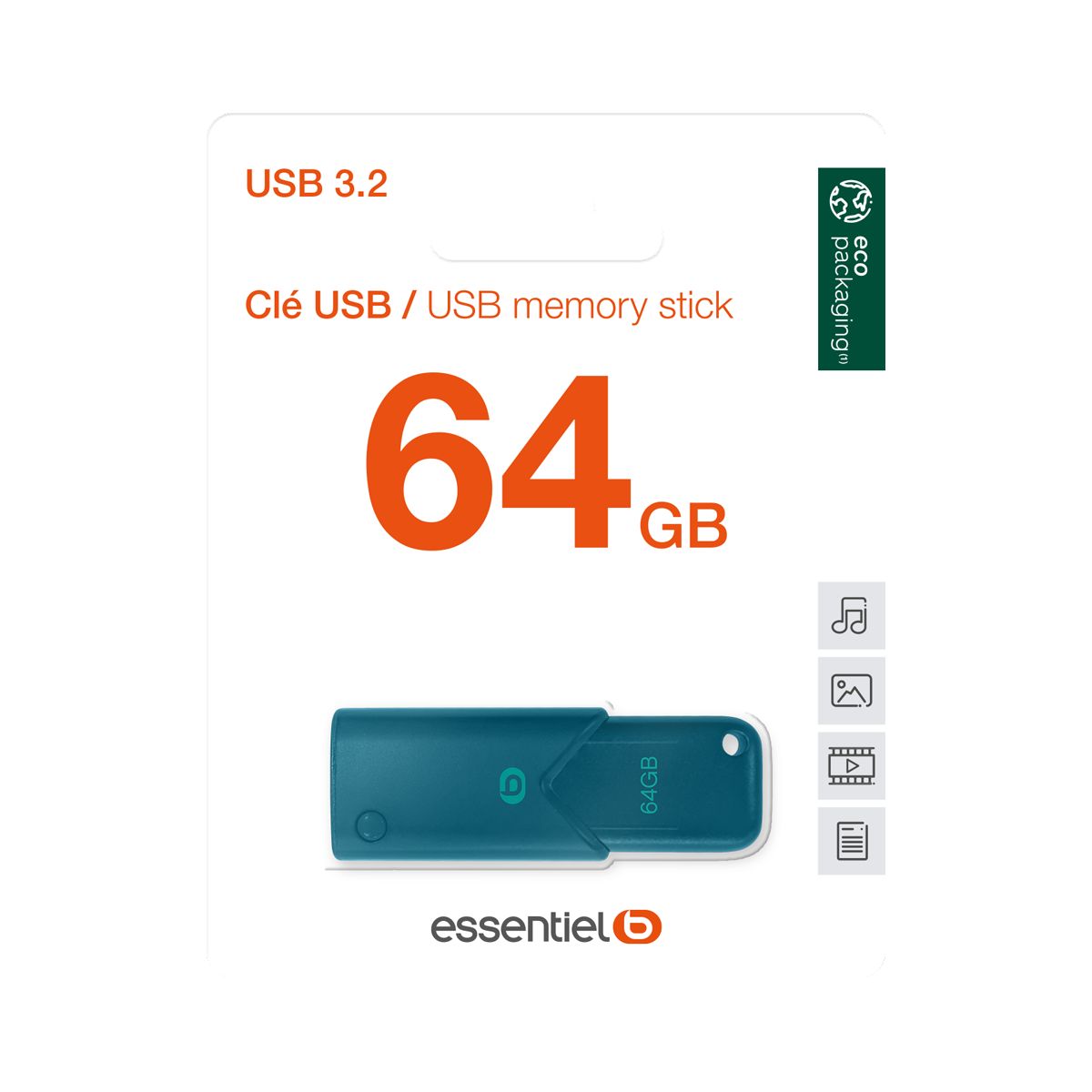 Clé USB 64Go USB 3.2 couleur unique, ESSENTIEL B
