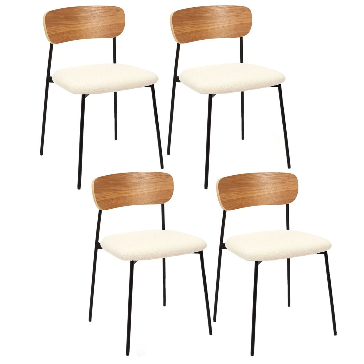 Lot de 4 chaises de table avec assise en bouclette LOKI blanc, TOILINUX