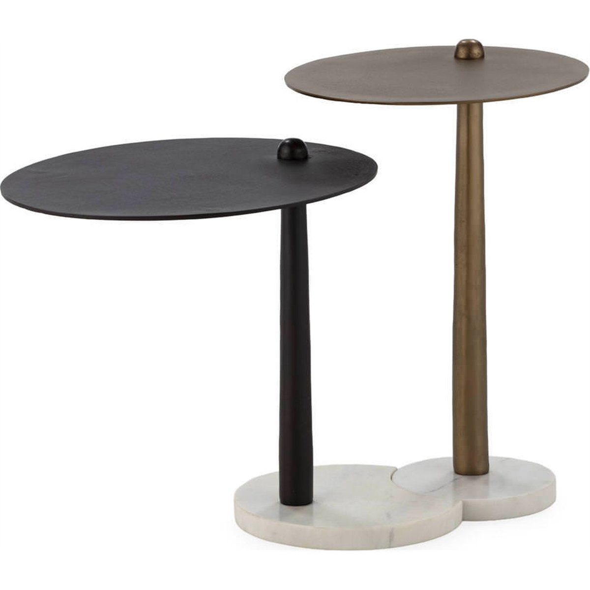Lot de 2 tables d'appoint en marbre et métal bronze vieilli, laiton vieilli, blanc et noir, RECOLLECTION