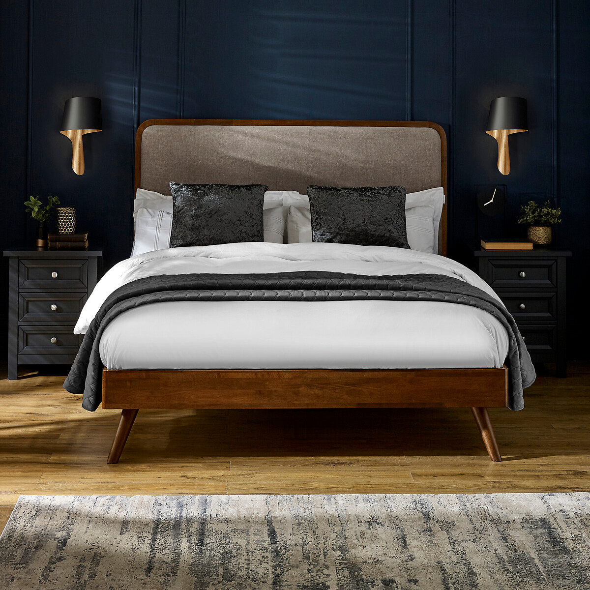 Windson Chenille Headboard & Solid Wood Bed walnut, SO'HOME