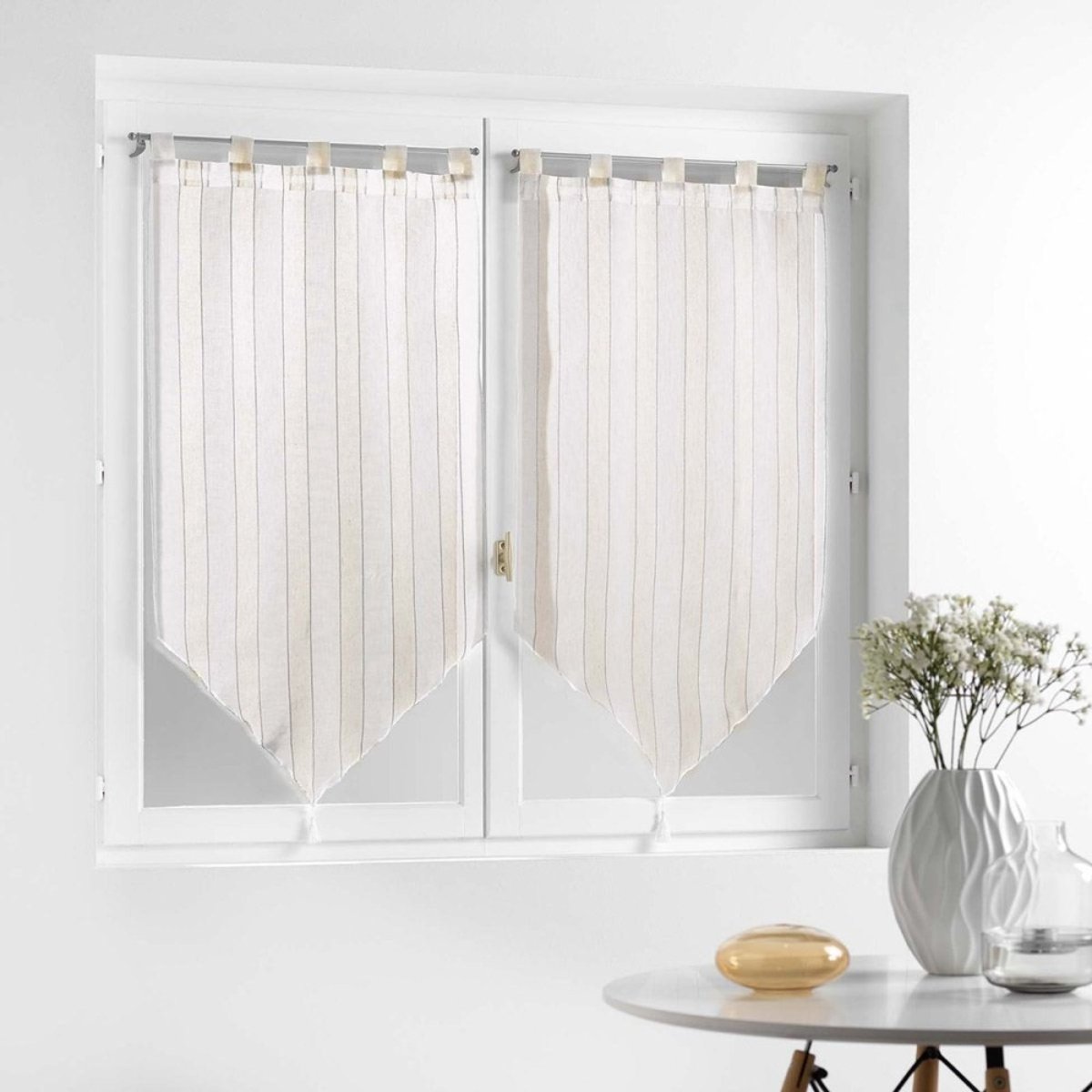 Paire de voilages passants 60x90 pompons tissé naturel Charlize blanc, DECORATIE