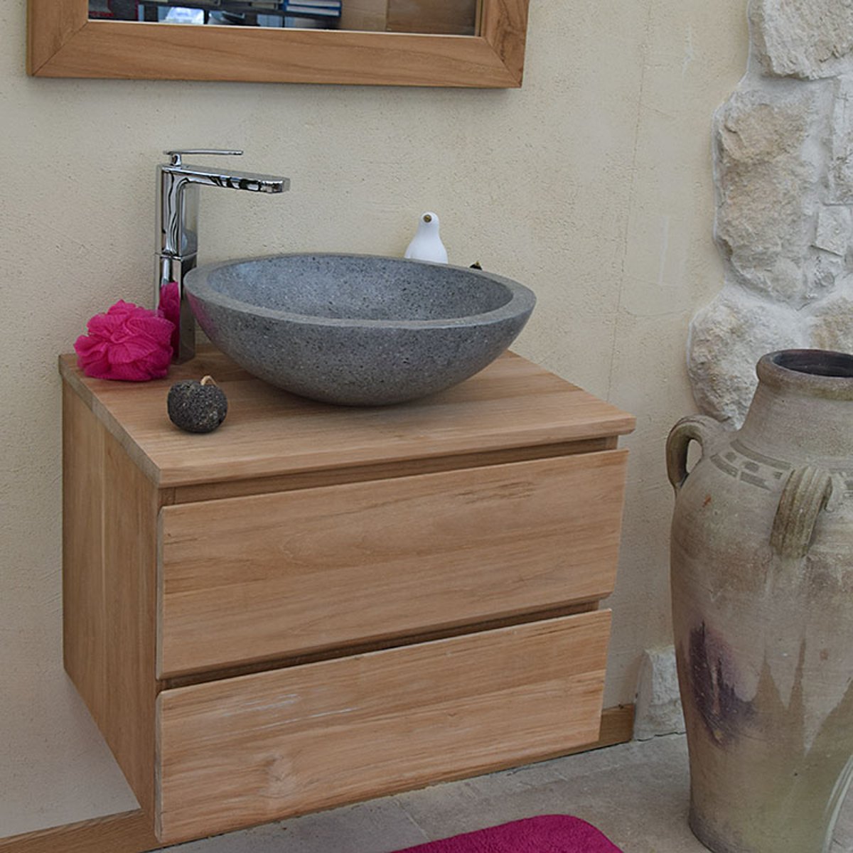 Meuble suspendu 2 tiroirs en teck massif 60 cm - KHARART naturel, WILDWATER