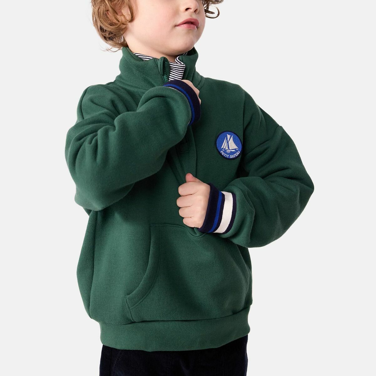 Fleece Zip-Up Sweatshirt with Trucker-Neck green, PETIT BATEAU