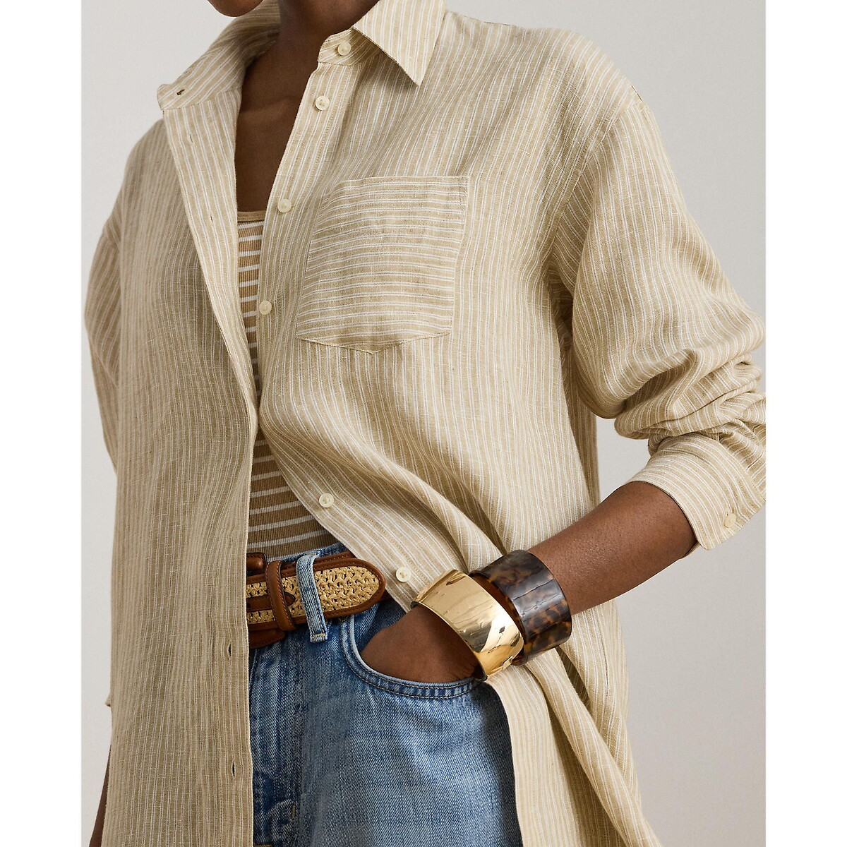 Chemise rayée manches longues en lin beige/blanc, LAUREN RALPH LAUREN