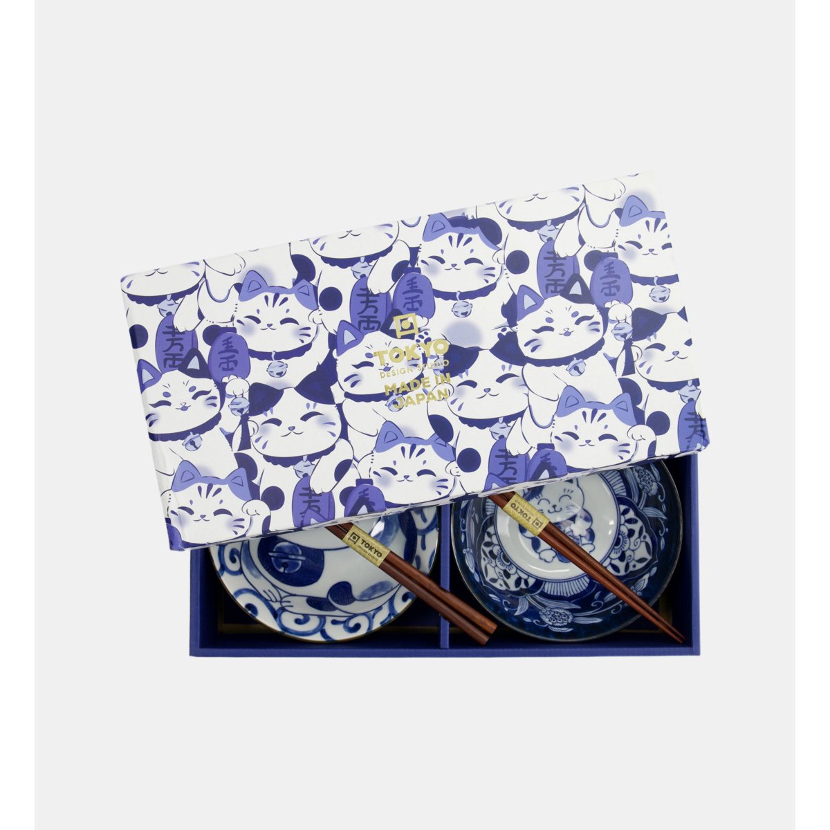 Coffret de 2 bols tayo et 2 paires de baguettes - chat bleu et blanc, TOKYO DESIGN STUDIO