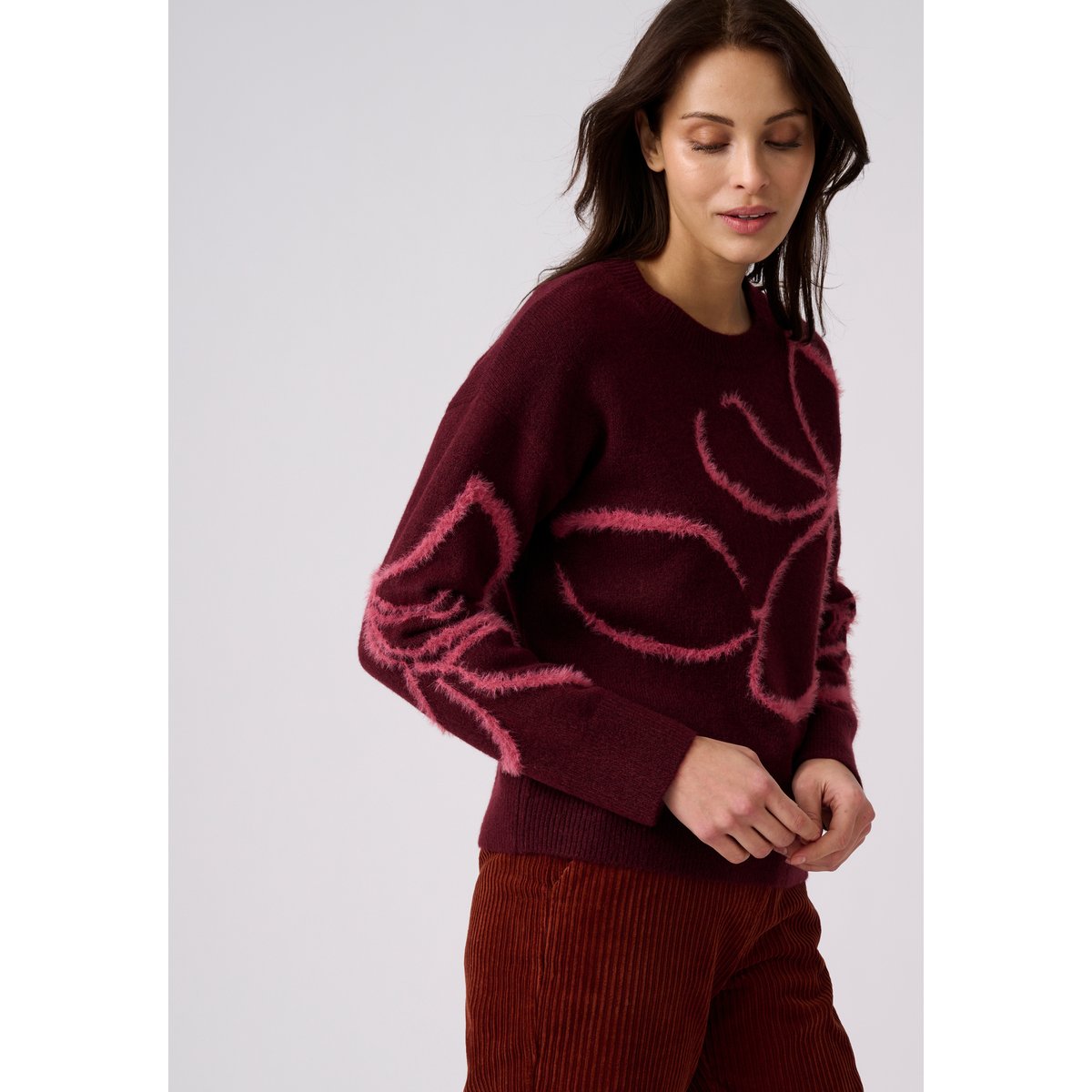 Pull fils poilus fantaisie rouge bordeaux, DAMART
