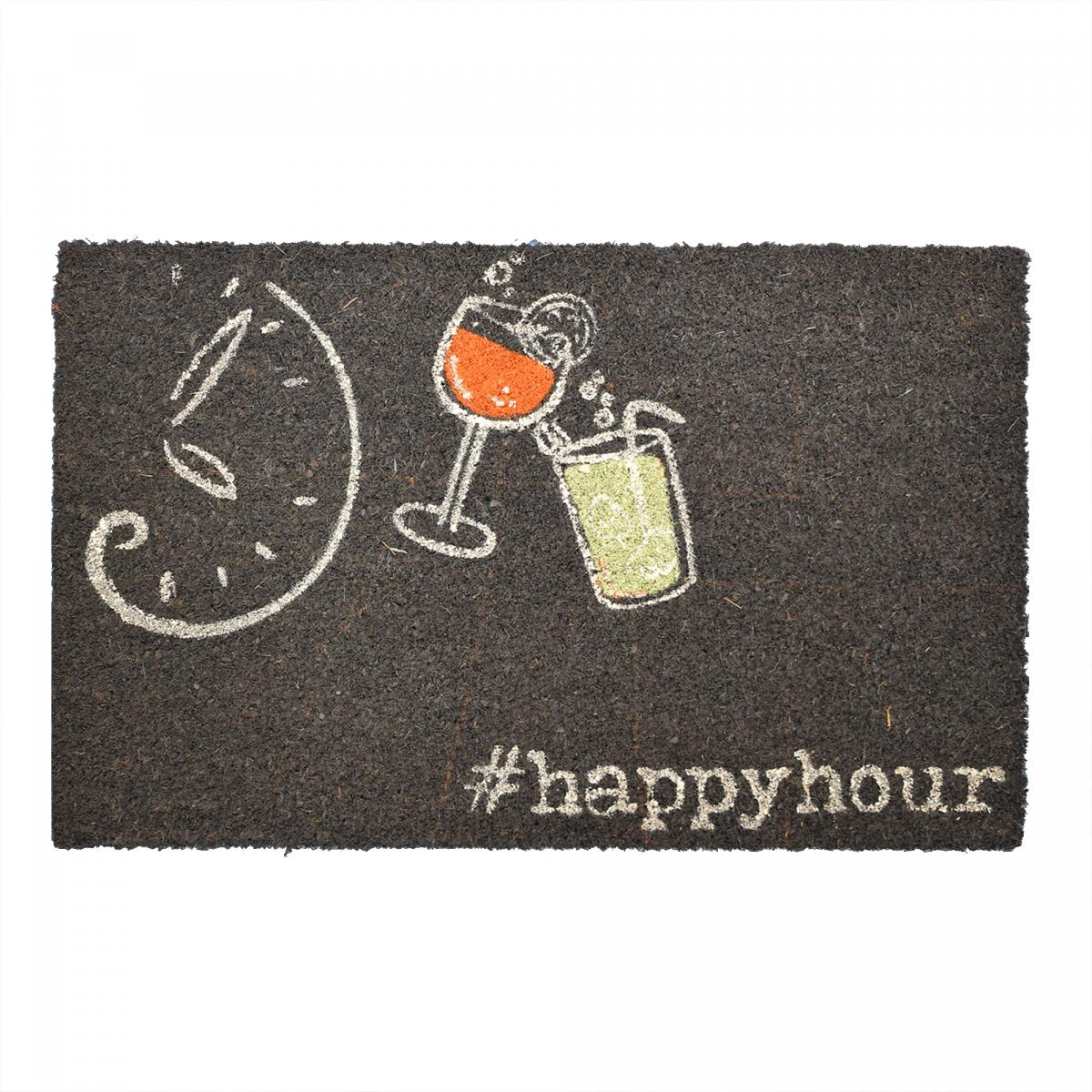 Paillasson tissé en coco motif fresque COCKTAIL noir, UN AMOUR DE TAPIS