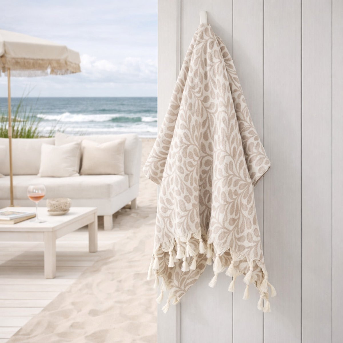 Fouta jacquard coton FEUILLE taupe clair, FEBRONIE