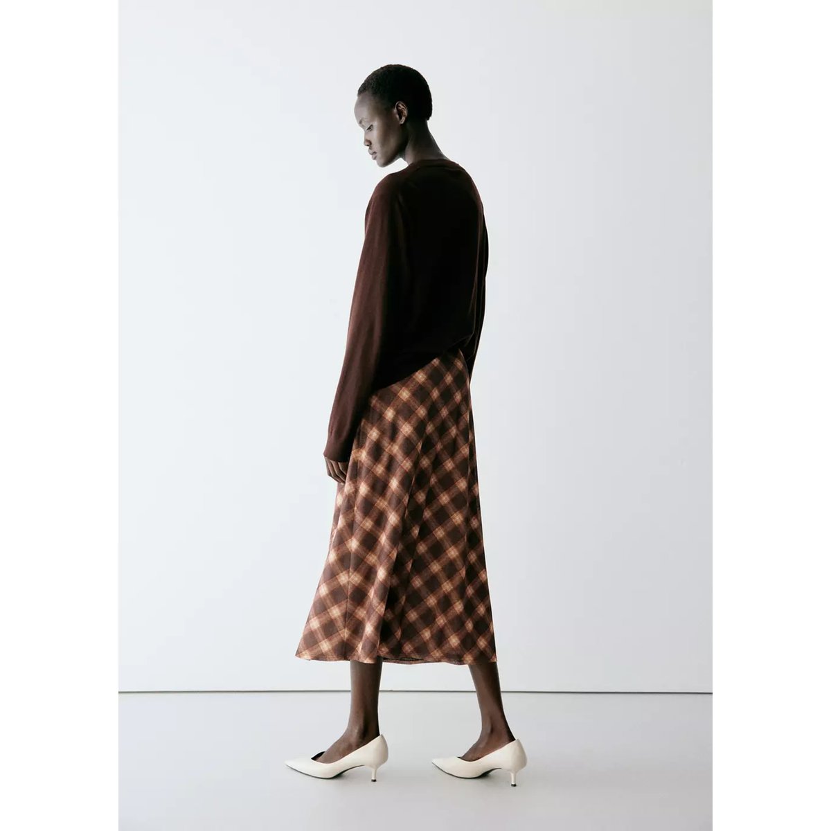 Jupe midi carreaux marron, MANGO