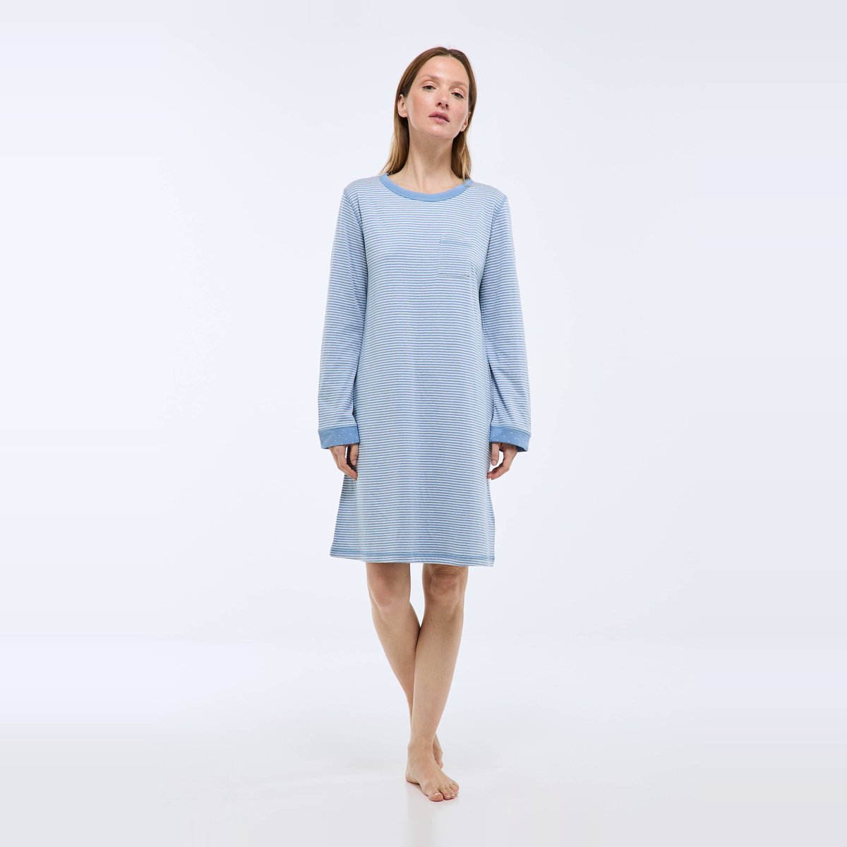 Chemise de nuit à pois et rayures en coton double face BIO blue denim, MONOPRIX