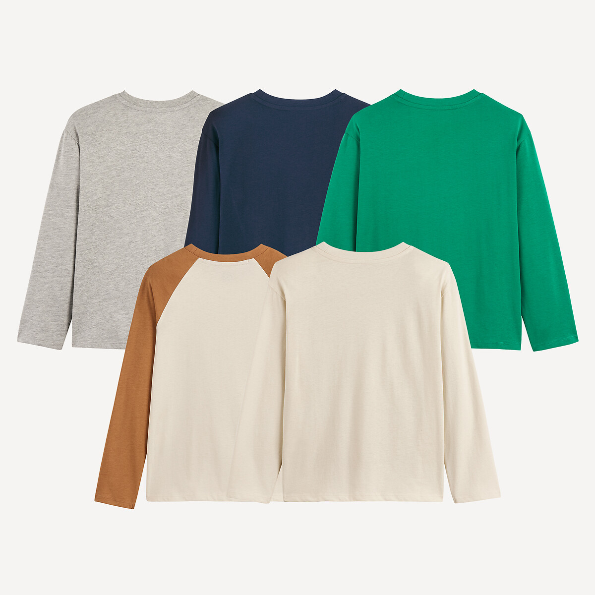 Lot de 5 t-shirts manches longues imprimé bleu marine+écru+vert+gris chiné, LA REDOUTE COLLECTIONS