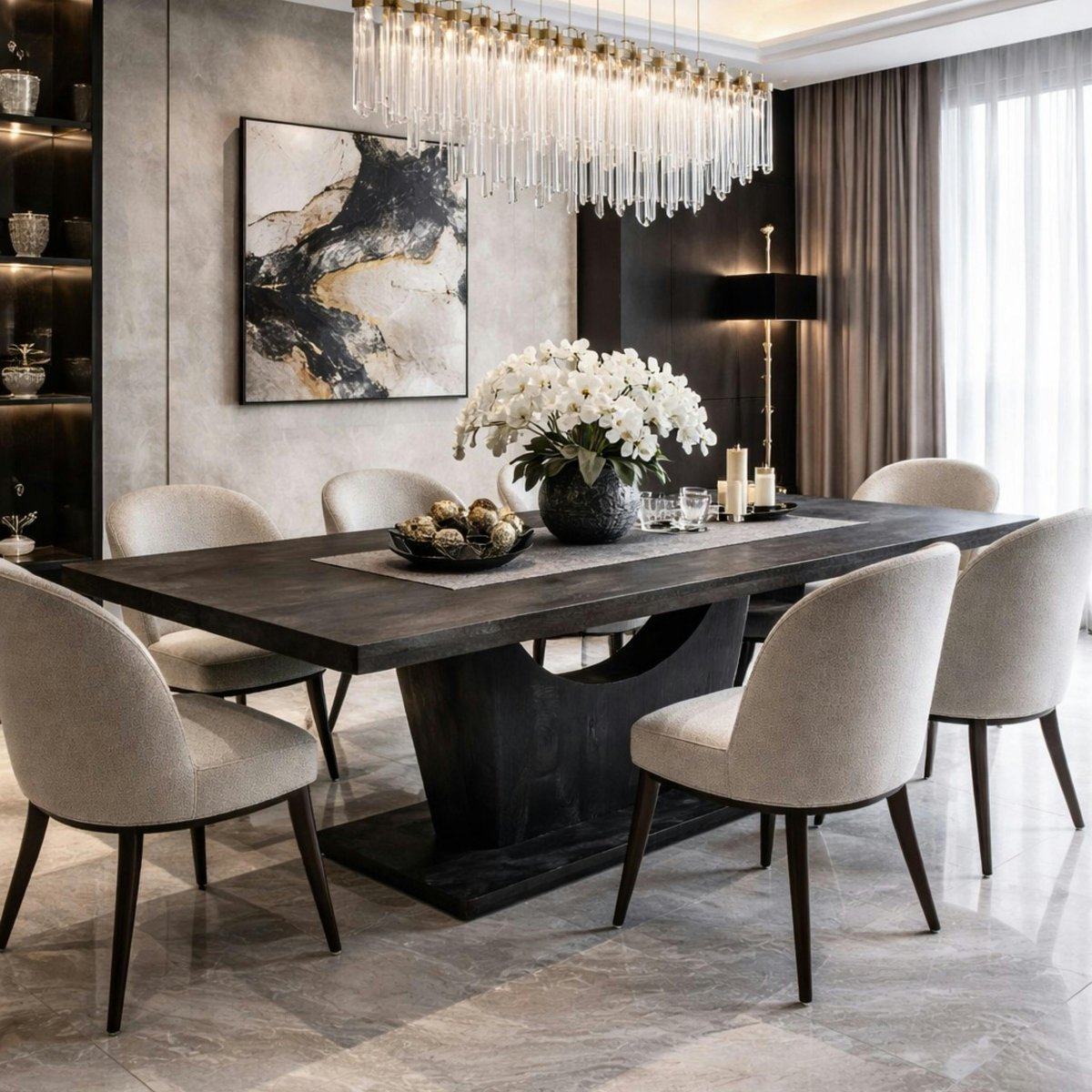 Table 8 places en bois massif, pied moderne ARCANA bois noir, PIER IMPORT