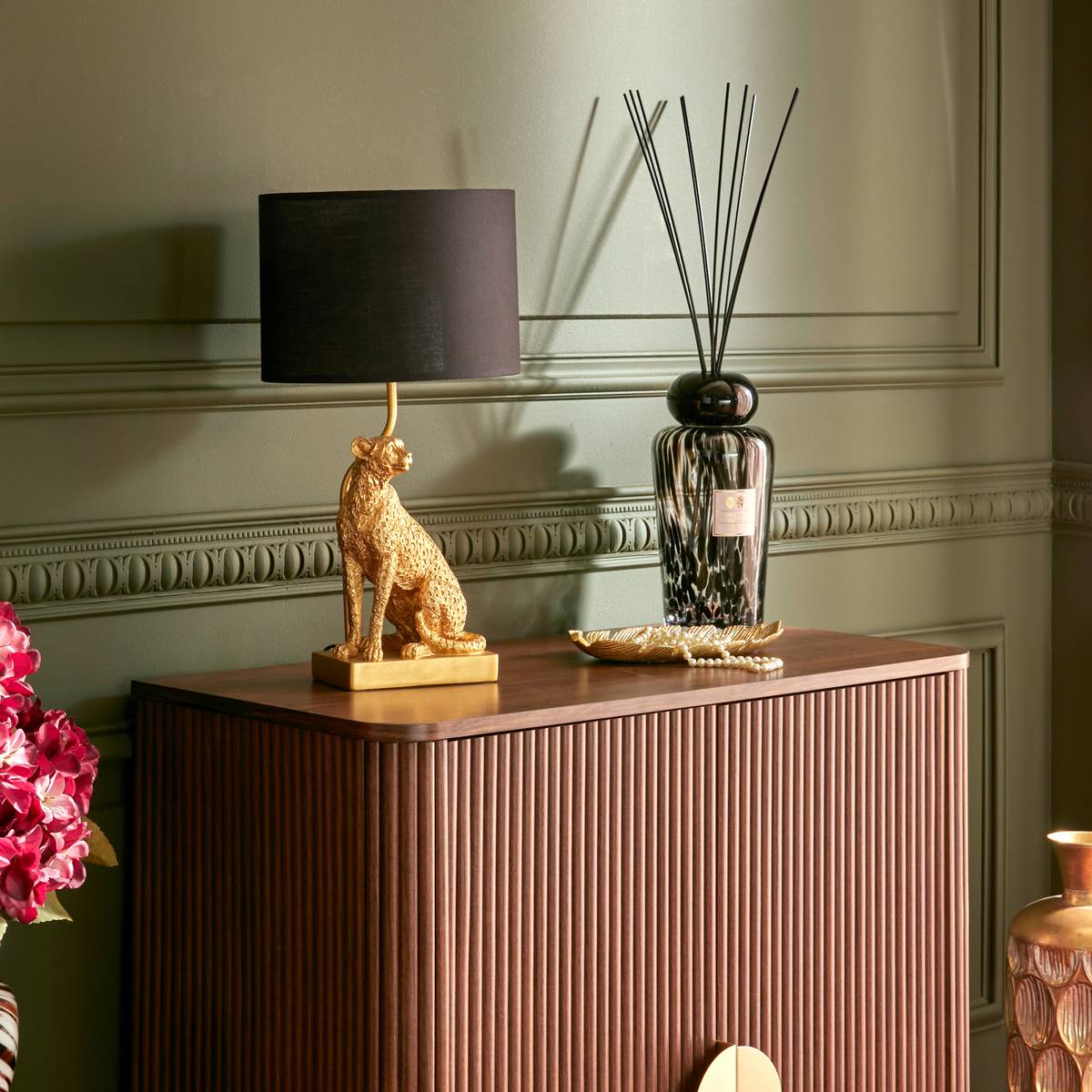 Lampe à poser métal résine léopard abat-jour tissu GEPI doré, ATMOSPHERA