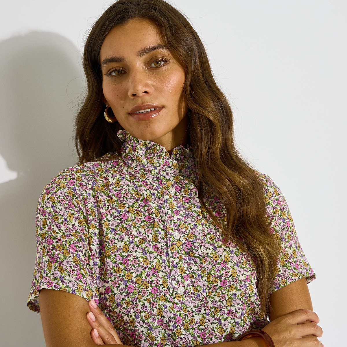 Blouse imprimé floral col volanté rose parme, GRAIN DE MALICE