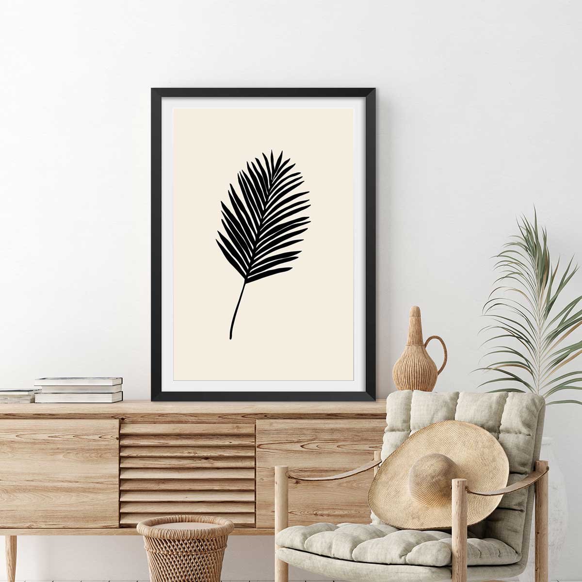 Affiche black palm affiche + cadre en bois - noir, HEXOA
