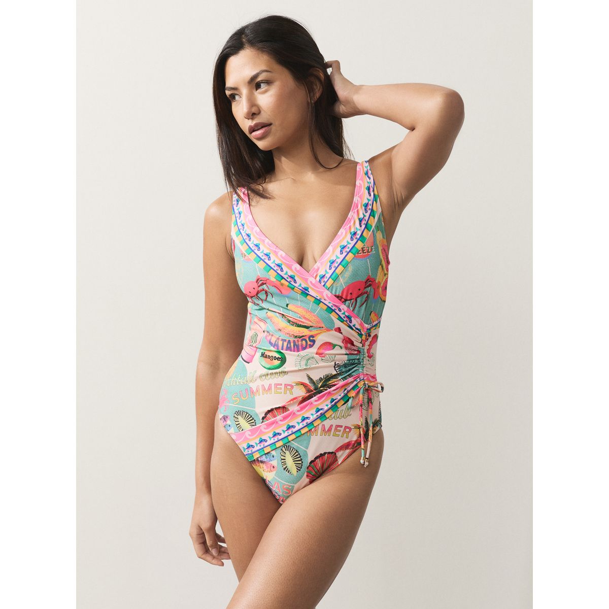 Maillot de bain gainant ruché sur le côté imprimé conversationnel, NEXT