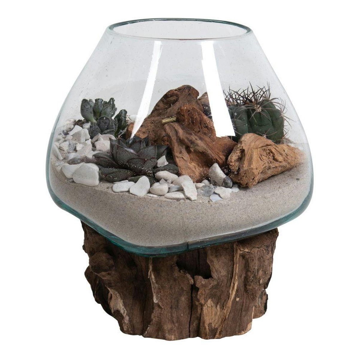 Vase verre soufflé et racine teck, artisanal H 20 cm ARIZONA bois naturel, PIER IMPORT