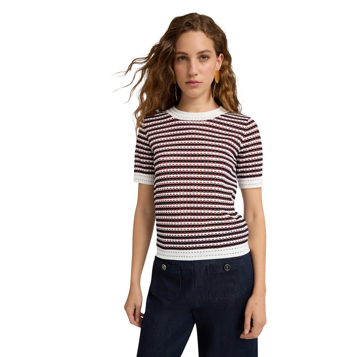 Pull à rayures ajouré blanc, MOTIVI
