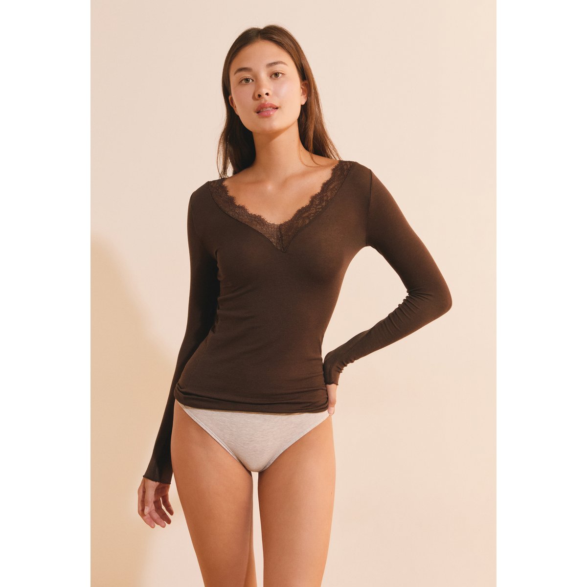 T-shirt thermique col V dentelle avec cachemire WARMLIGHT marron, ETAM