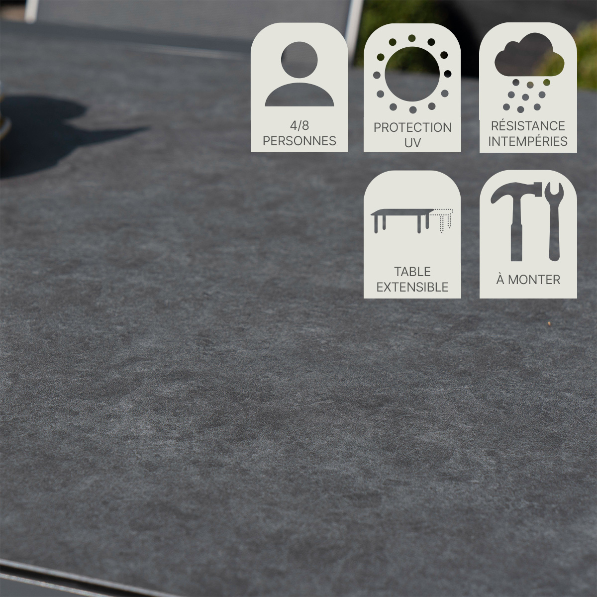 Ensemble 4/8p alu, verre, 6 fauteuils MODULO gris, WILSA GARDEN