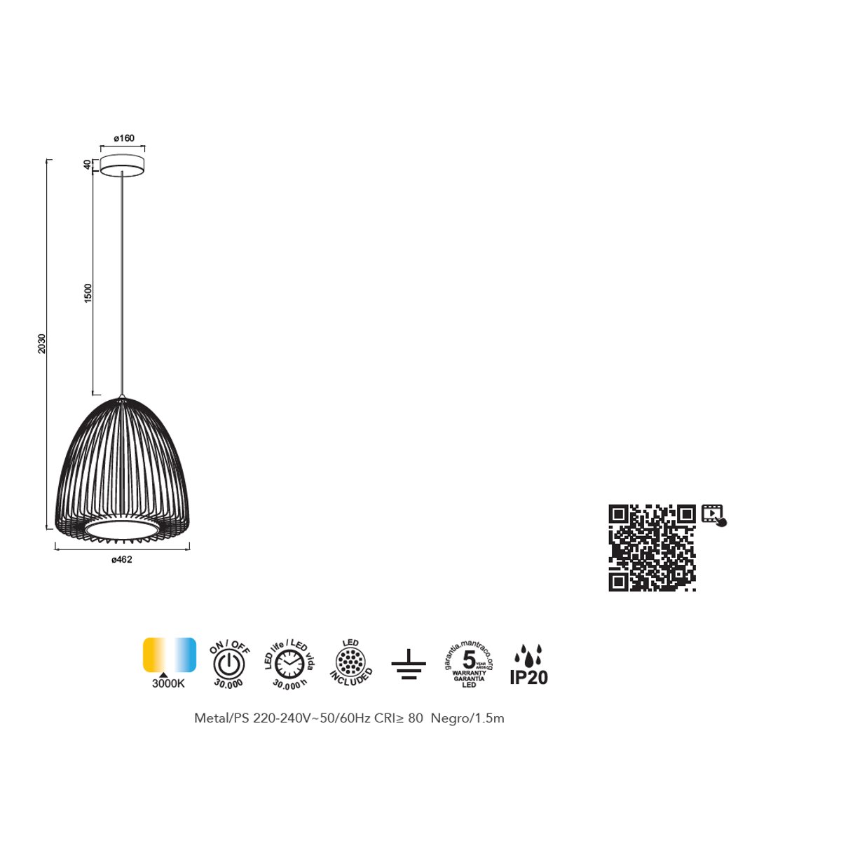 Suspension en métal design, D.46.2 , SMART noir, MANTRA
