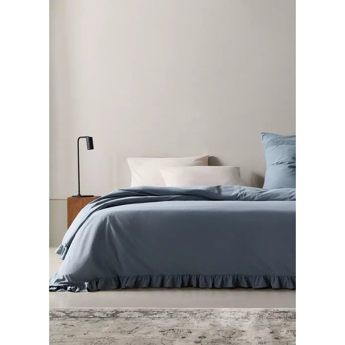 Housse de couette coton lavé volant en voile lit 90 cm bleu, MANGO HOME