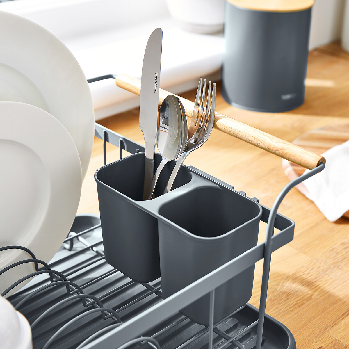 Scandi Dish Rack with Wooden Detail grey, TOWER