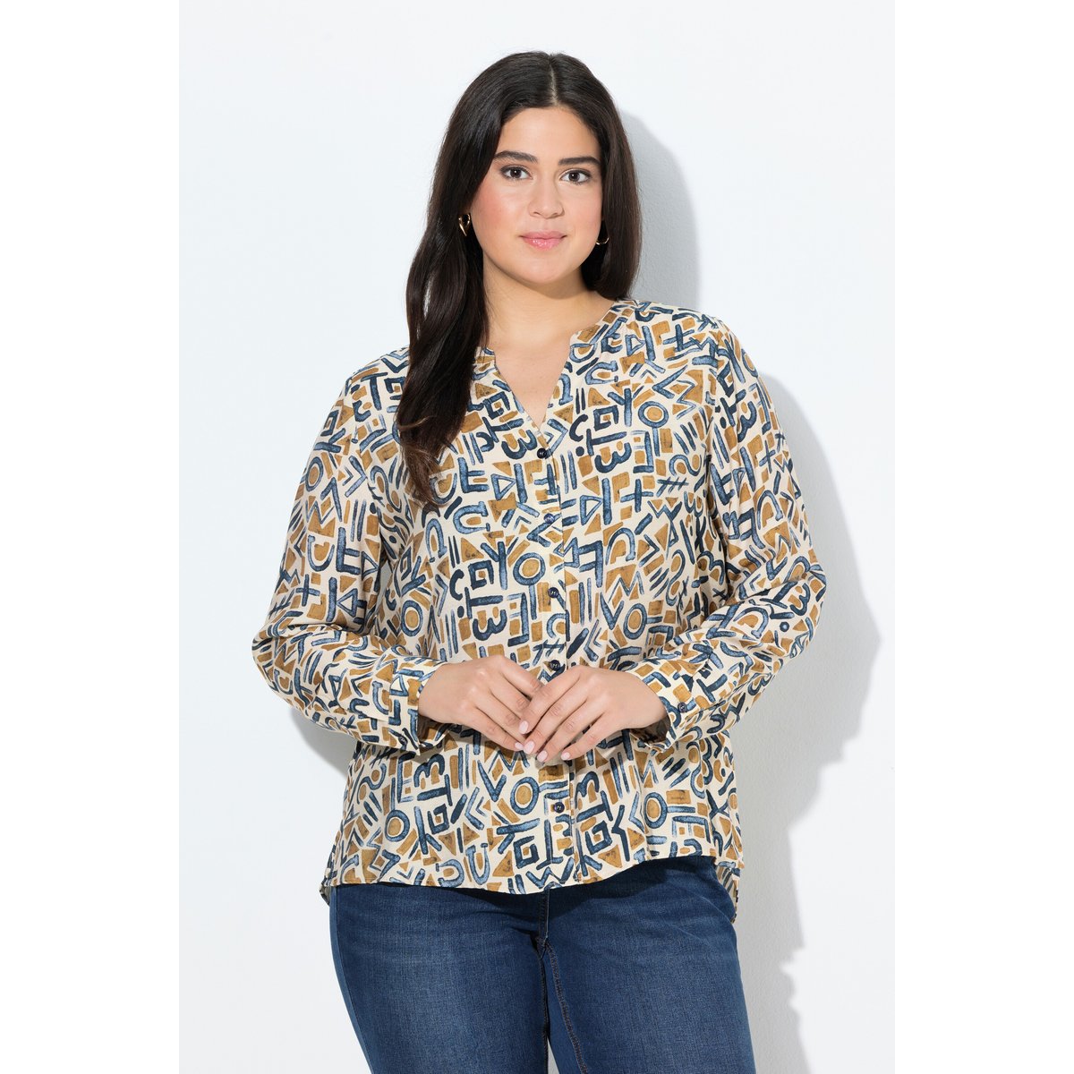 Blouse imprimée à col tunisien et manches abricot clair, ULLA POPKEN
