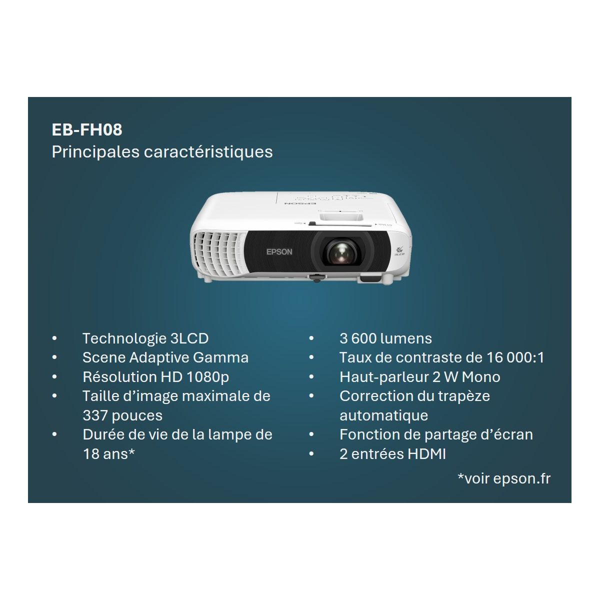 Vidéoprojecteur home cinéma EB-FH08 - Full HD 1080p - 3600 lumens - 3LCD blanc, EPSON