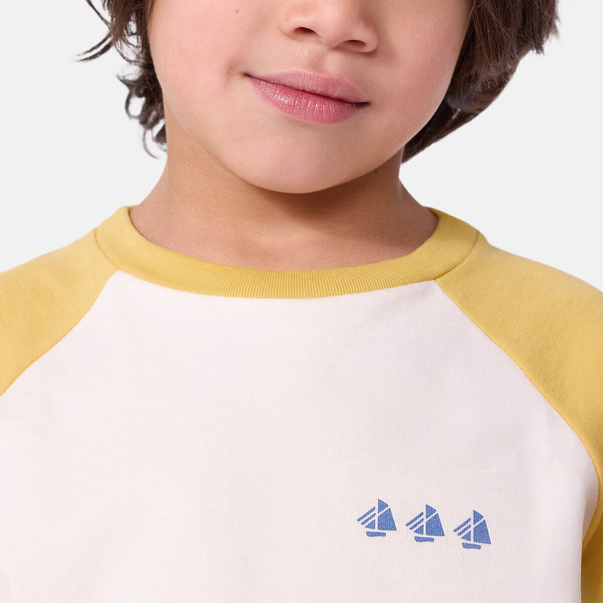T-shirt manches longues en coton colorblock ecru/jaune, PETIT BATEAU