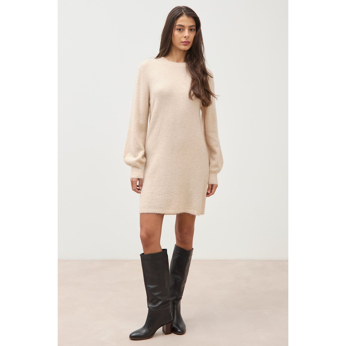 Robe droite courte manches longues creme, BONOBO