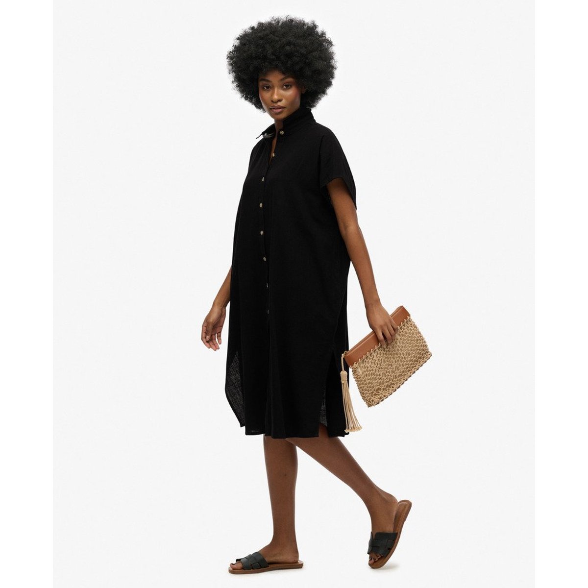 Robe chemise mi-longue oversize noir, SUPERDRY